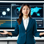 A focused female professional, an expert data storyteller, fully clothed, professional business attire, standing confidently in a modern, high-tech office environment. She is gesturing towards a large, transparent digital display where complex data visualizations elegantly transform into compelling, flowing narrative elements and infographics, symbolizing data becoming a story. The lighting is soft and professional. safe for work, appropriate content, fully clothed, professional dress, perfect anatomy, correct proportions, natural pose, well-formed hands, proper finger count, natural body proportions, high-quality photograph, realistic.