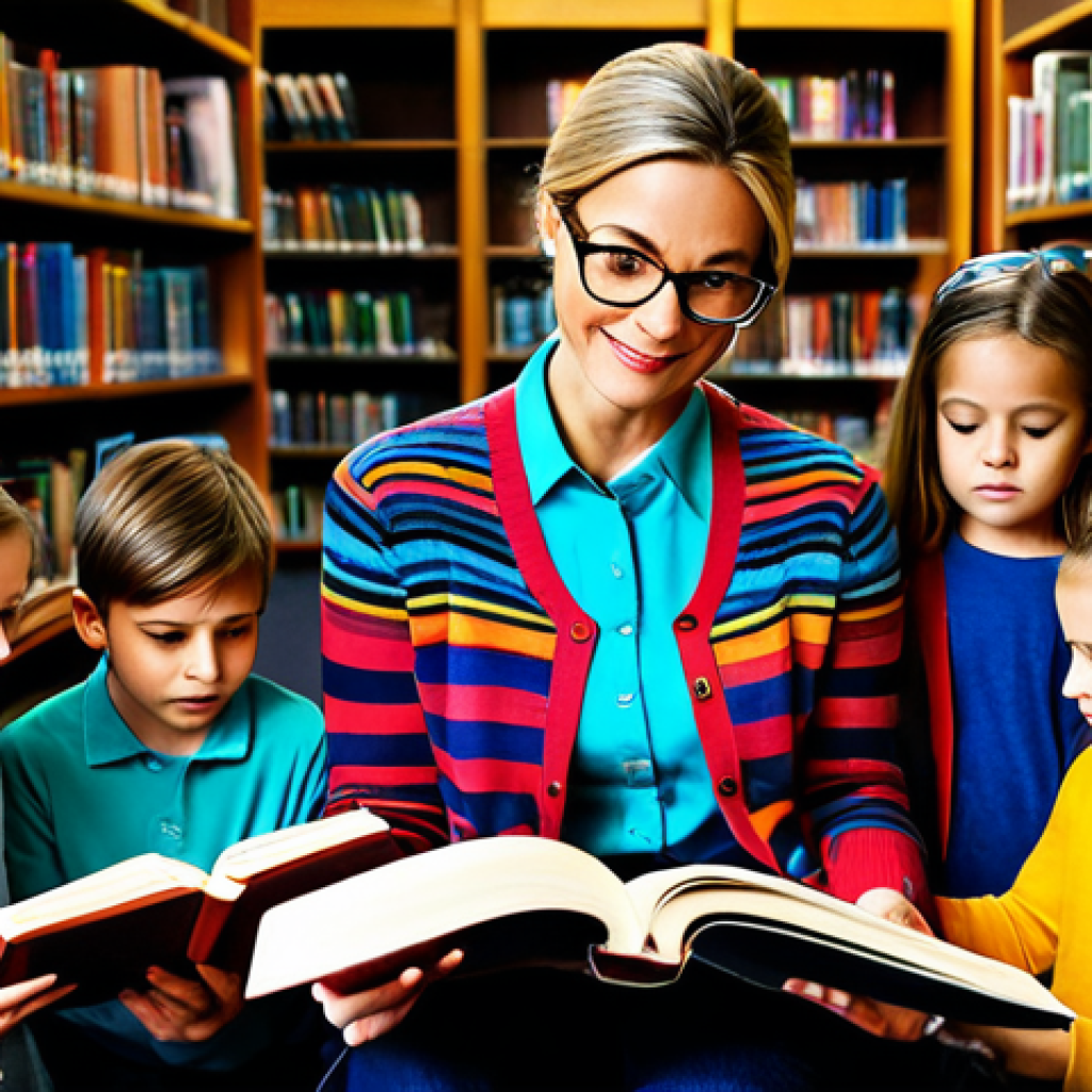 **
"A librarian in a modest cardigan and glasses, surrounded by children reading books in a colorful, inviting library. Safe for work, appropriate content, fully clothed, professional, perfect anatomy, well-formed hands, proper finger count, family-friendly."
**