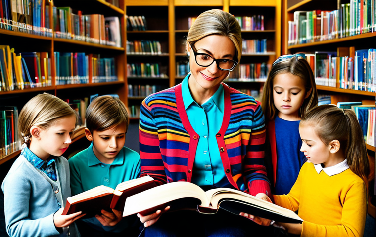 **

"A librarian in a modest cardigan and glasses, surrounded by children reading books in a colorful, inviting library. Safe for work, appropriate content, fully clothed, professional, perfect anatomy, well-formed hands, proper finger count, family-friendly."

**