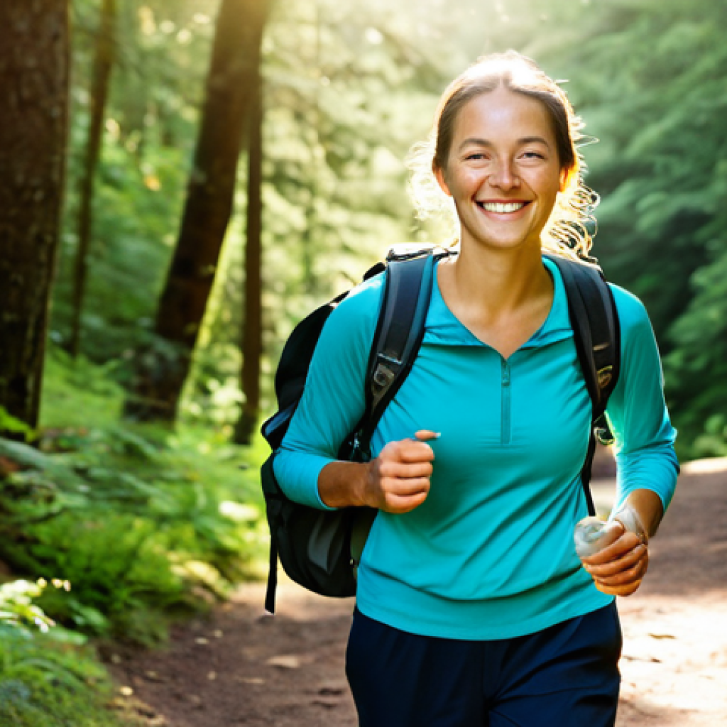 **
"A woman fully clothed in comfortable walking attire, hiking a scenic trail, surrounded by lush green forest and bathed in warm sunlight. She is smiling and appears relaxed and happy. Backpack, water bottle visible. Safe for work, appropriate content, perfect anatomy, correct proportions, natural pose, well-formed hands, proper finger count, family-friendly, professional photography, high quality."
**