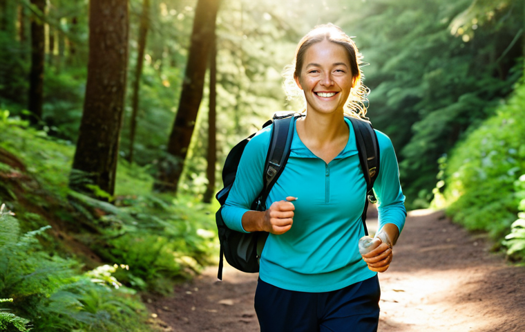 **

"A woman fully clothed in comfortable walking attire, hiking a scenic trail, surrounded by lush green forest and bathed in warm sunlight. She is smiling and appears relaxed and happy. Backpack, water bottle visible. Safe for work, appropriate content, perfect anatomy, correct proportions, natural pose, well-formed hands, proper finger count, family-friendly, professional photography, high quality."

**