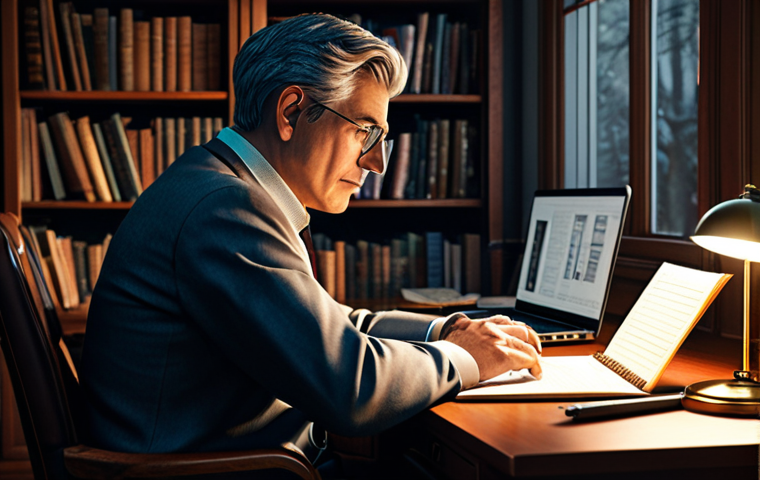 **
"A writer sitting at a desk, looking thoughtfully at a laptop screen in a cozy home office, surrounded by books and notes. Fully clothed, professional attire, safe for work, appropriate content, perfect anatomy, natural proportions, warm lighting, realistic rendering, family-friendly."
**