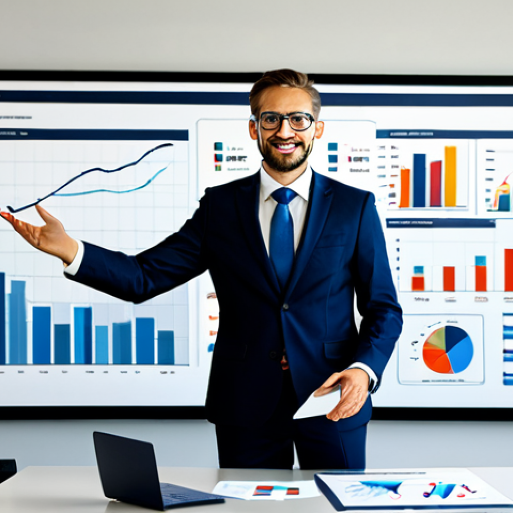 **Image Prompt:** A confident storyteller in professional attire, presenting a data-driven portfolio with charts and graphs, modern office setting, fully clothed, appropriate content, safe for work, perfect anatomy, natural proportions, professional.