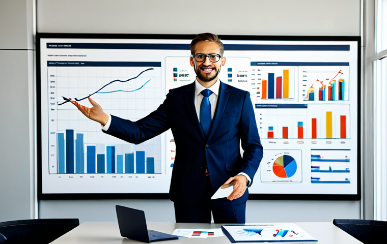 **Image Prompt:** A confident storyteller in professional attire, presenting a data-driven portfolio with charts and graphs, modern office setting, fully clothed, appropriate content, safe for work, perfect anatomy, natural proportions, professional.