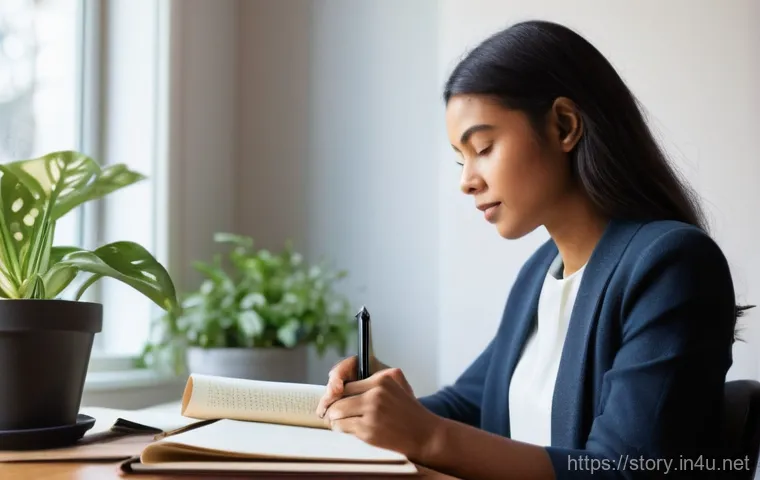 스토리텔러가 작성한 최고의 업무일기 사례 - **Prompt:** A young professional, appearing thoughtful and engaged, sits at a clean, well-lit desk, ...