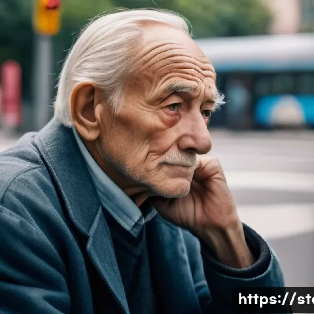 스토리텔러로서 스토리 소재 찾는 방법 - A serene urban bus stop scene capturing an elderly man's expressive face filled with quiet reflectio...