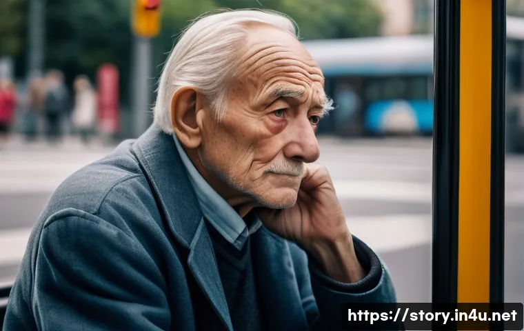스토리텔러로서 스토리 소재 찾는 방법 - A serene urban bus stop scene capturing an elderly man's expressive face filled with quiet reflectio...