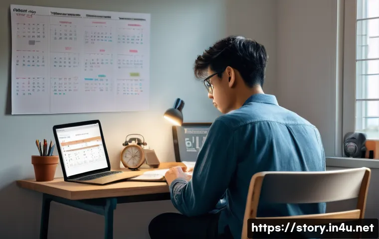 스토리텔러 자격증 시험에서 성공한 사람들의 사례 - A focused study environment featuring a young adult sitting at a neat desk with multiple learning to...