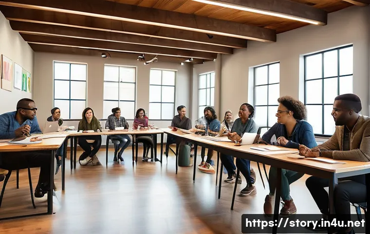 스토리텔러와 관련된 공모전 정보 - A vibrant creative writing workshop scene showing diverse aspiring storytellers engaging in an inter...