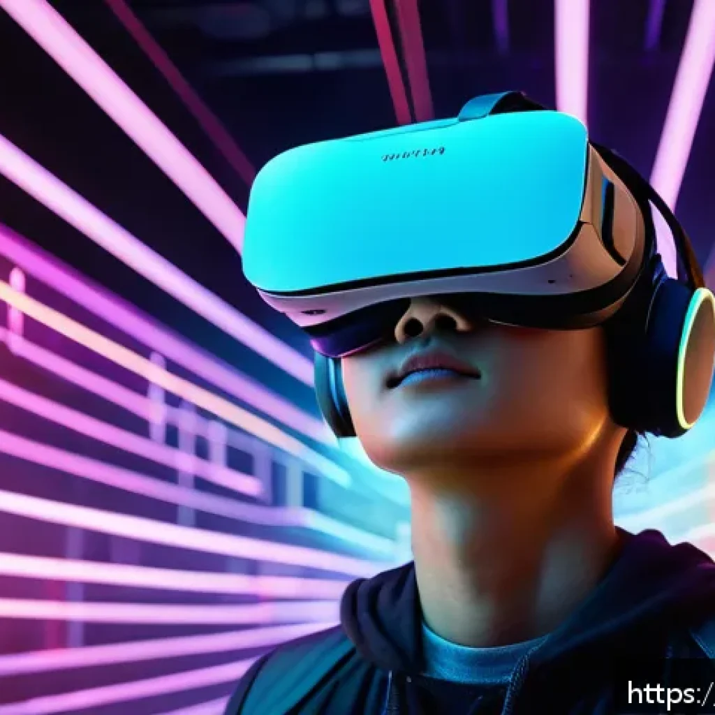스토리텔러 관련 트렌드 리포트 - A futuristic immersive experience design scene showcasing a person wearing a sleek VR headset, surro...