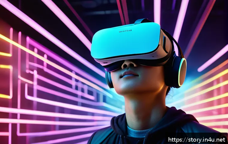스토리텔러 관련 트렌드 리포트 - A futuristic immersive experience design scene showcasing a person wearing a sleek VR headset, surro...