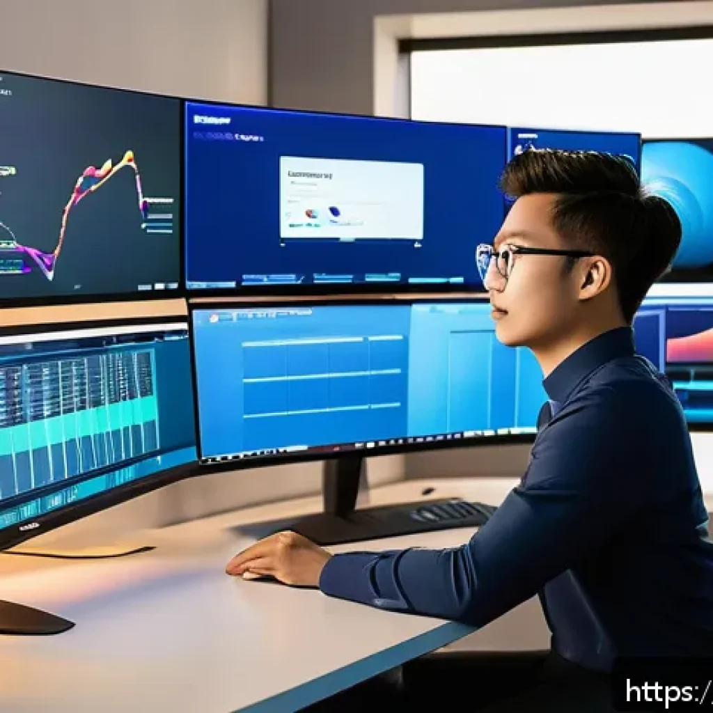 스토리텔러로서의 취업 전략 - A dynamic digital storyteller workspace showing a young professional at a sleek desk surrounded by m...