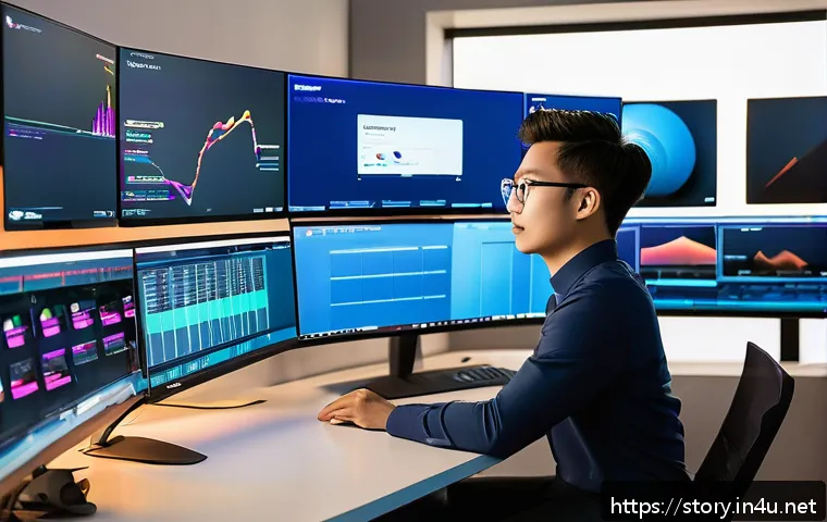 스토리텔러로서의 취업 전략 - A dynamic digital storyteller workspace showing a young professional at a sleek desk surrounded by m...