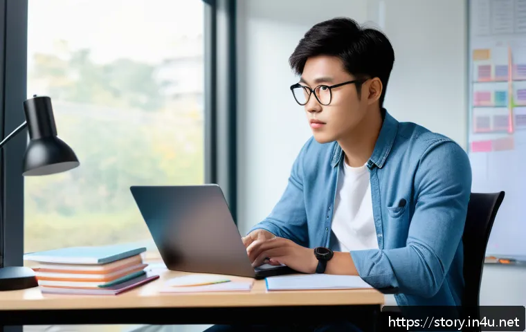 스토리텔러 자격증의 취득 과정에서 주의해야 할 점과 사례 분석 - A focused young adult sitting at a modern desk with a laptop and open books, meticulously planning a...