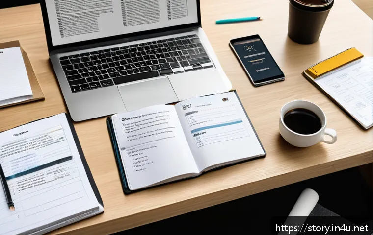스토리텔러 관련 포트폴리오 작성 팁 - A professional portfolio workspace scene featuring a clean, modern desk with a sleek laptop open dis...