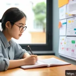 스토리텔러 실기 시험의 주요 성공 전략과 사례 분석과 전략 연구 - A focused student sitting at a tidy desk surrounded by textbooks and notes, deeply studying storytel...