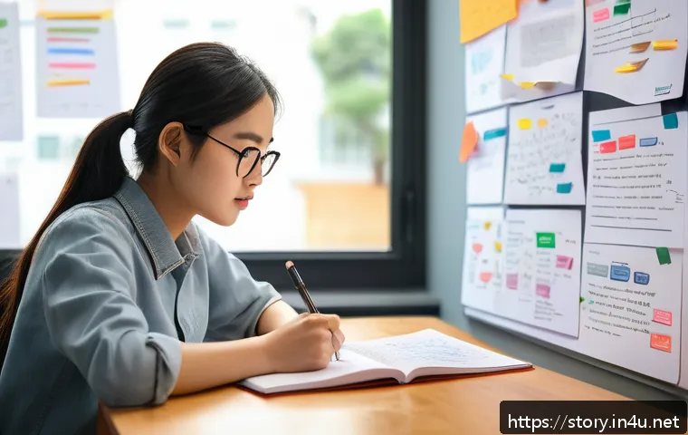 스토리텔러 실기 시험의 주요 성공 전략과 사례 분석과 전략 연구 - A focused student sitting at a tidy desk surrounded by textbooks and notes, deeply studying storytel...