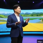 스토리텔러 관련 직종의 주요 기술 - A professional storyteller standing confidently on a modern stage, engaging a diverse audience with ...