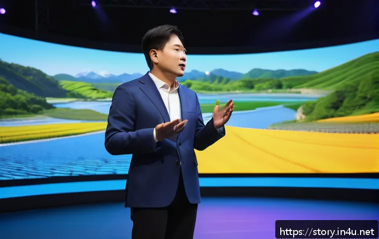 스토리텔러 관련 직종의 주요 기술 - A professional storyteller standing confidently on a modern stage, engaging a diverse audience with ...