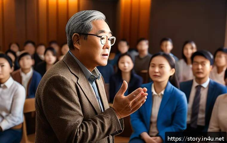 스토리텔러 직무와 관련된 성공적인 스토리 제작 - A professional storyteller standing confidently in front of a diverse audience, illustrating the imp...