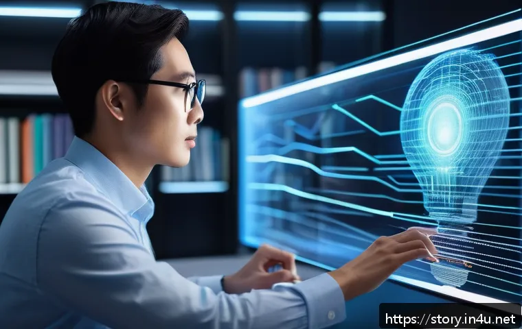 스토리텔러와 AI의 협업 사례 - A futuristic creative workspace showing a human storyteller and an AI holographic assistant collabor...