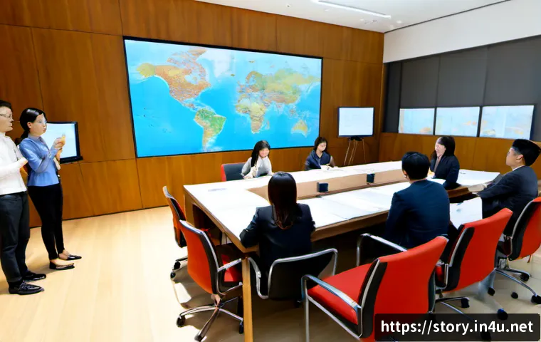 Home 17 스토리텔러가 참여한 글로벌 프로젝트 리뷰 - Photorealistic global project review meeting, diverse professional storytelling team gathered around...