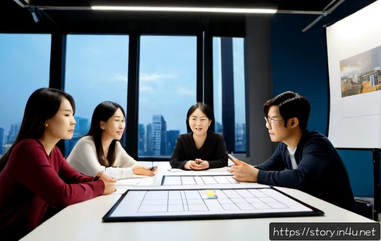 Home 17 스토리텔러가 참여한 주요 프로젝트와 성공 사례 - Photorealistic editorial scene of a professional storyteller collaborating on a major film project, ...