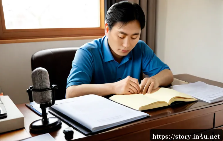 Home 30 스토리텔러 관련 신규 법규 및 정책 - Photorealistic editorial scene of a professional storyteller at a tidy home office desk, reviewing n...