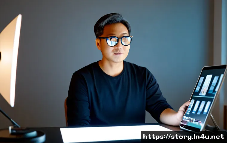 Home 17 스토리텔러와 관련된 최신 기술 도입 사례 - Photorealistic modern storytelling studio, a diverse middle-aged creator seated at a clean desk wear...