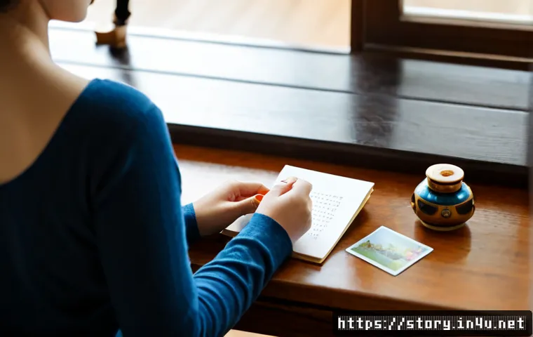 Home 17 스토리텔러의 크리에이티브 사고법 - Photorealistic creative storyteller at a warm wooden desk, thoughtfully arranging blank illustrated ...