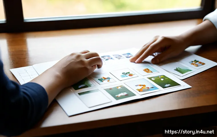 스토리텔러가 작성한 주요 스토리 사례 - Photorealistic editorial scene of a professional storyteller at a warm wooden desk, arranging a sequ...