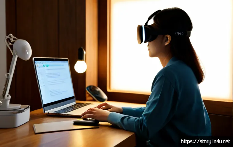 스토리텔러가 주목해야 할 최신 기술 - Photorealistic modern storyteller workspace, a thoughtful writer seated at a clean wooden desk using...