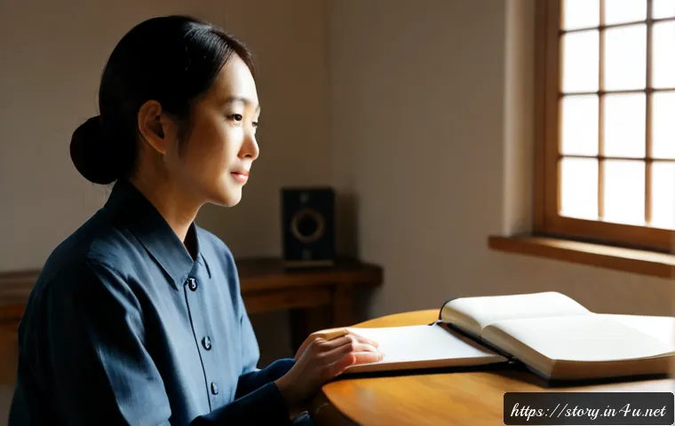 스토리텔러가 직업적으로 중요하게 여기는 요소 - Photorealistic editorial scene of a professional storyteller in a quiet sunlit studio, attentively l...
