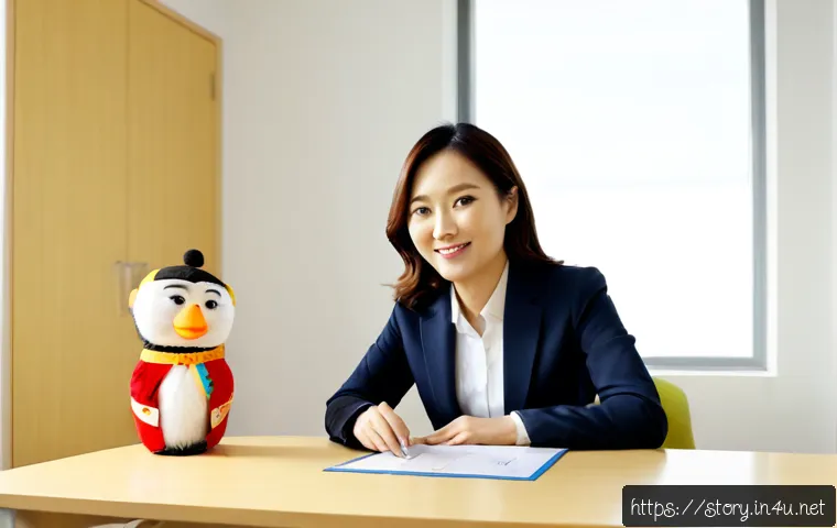 스토리텔러 자격증 취득 후 경력 변화 - Photorealistic career transition scene, confident middle-aged woman with a professional portfolio an...