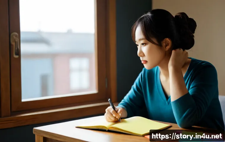 스토리텔러로서의 자기계발 도구 - Photorealistic home office scene of a thoughtful adult storyteller developing ideas, seated at a cle...