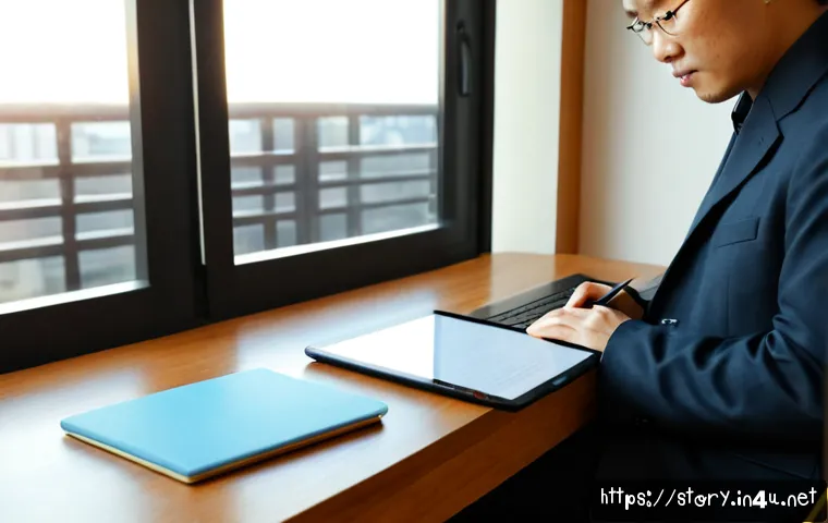 Home 17 스토리텔러가 주목해야 할 디지털 트렌드 - Photorealistic modern storyteller’s workspace, thoughtful middle-aged writer seated at a clean woode...