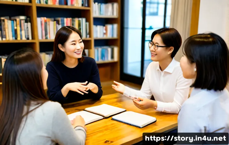Home 30 스토리텔러 인맥 구축 전략 - Photorealistic scene of a confident storyteller at a cozy networking event, warmly speaking with thr...