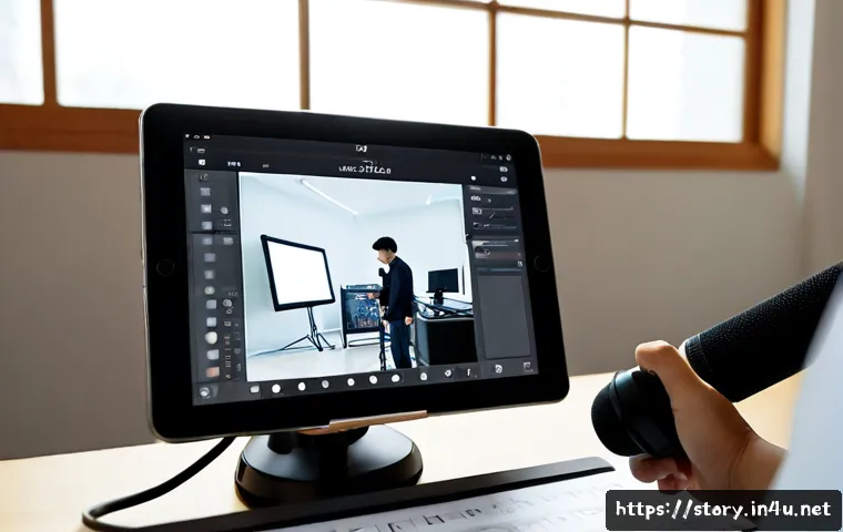 스토리텔러 관련 콘텐츠 시장의 성장 가능성 - Photorealistic modern content creator workspace, confident professional storyteller recording an aud...