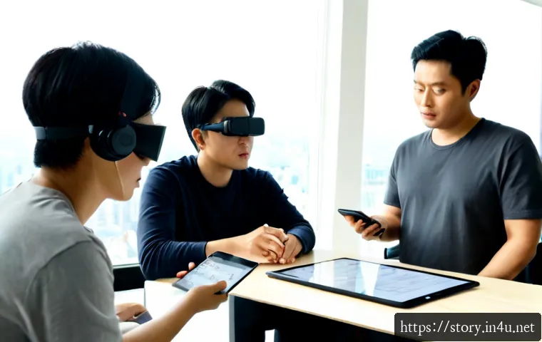스토리텔러 관련 산업의 트렌드 리포트 - Photorealistic modern storytelling industry trend scene, diverse creative professionals around a cle...