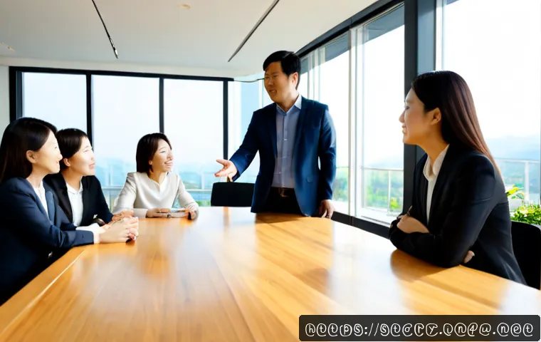 스토리텔러로서 리더십 발휘하기 - Photorealistic business leader standing beside a warm wooden conference table, confidently telling a...